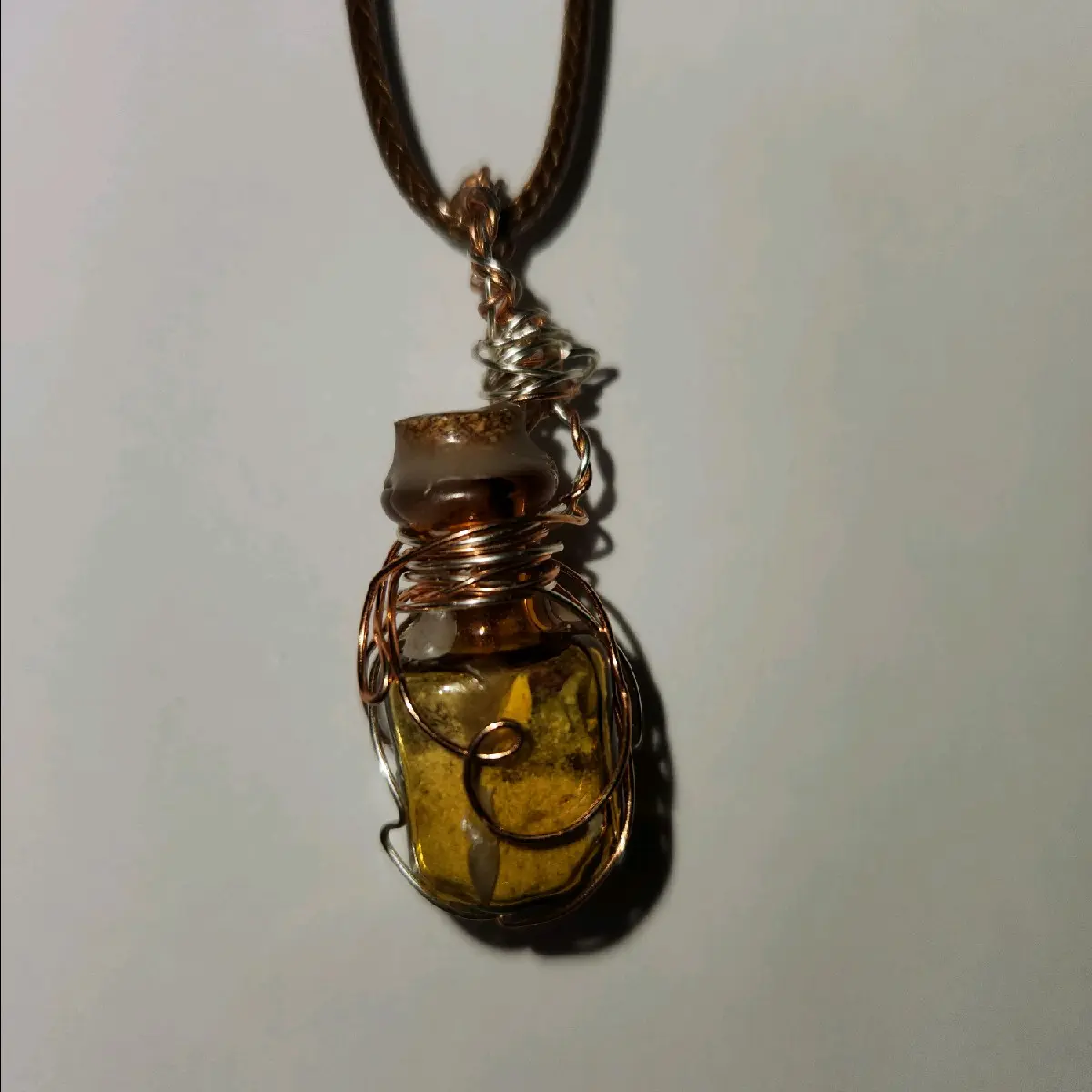 Protection Spell Jar Necklace With Silver and Rose Wire and Brown Leather Chain