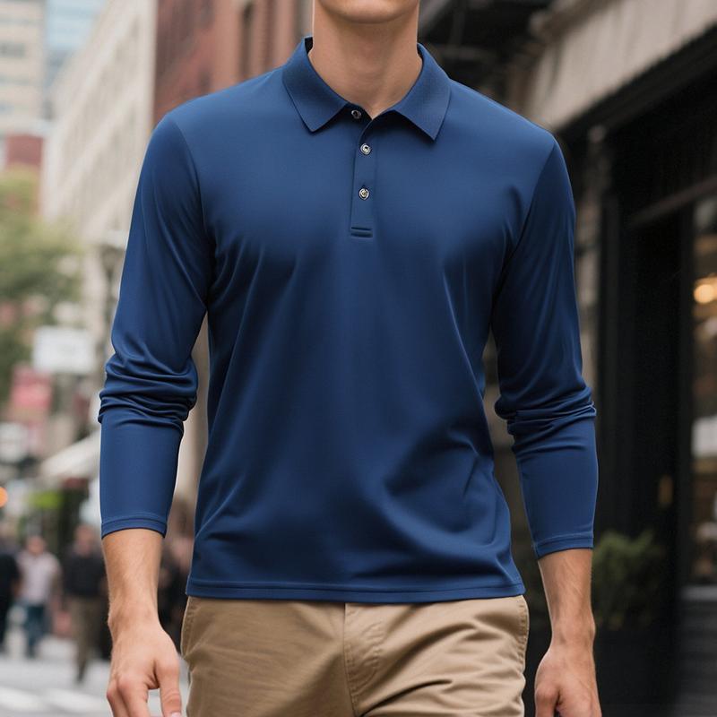 Spring and autumn long-sleeved polo shirt with turned-down collar. Solid color, glossy fabric, multiple colors. Polo shirt for casual sports wear for men. Perfect for traveling and work.