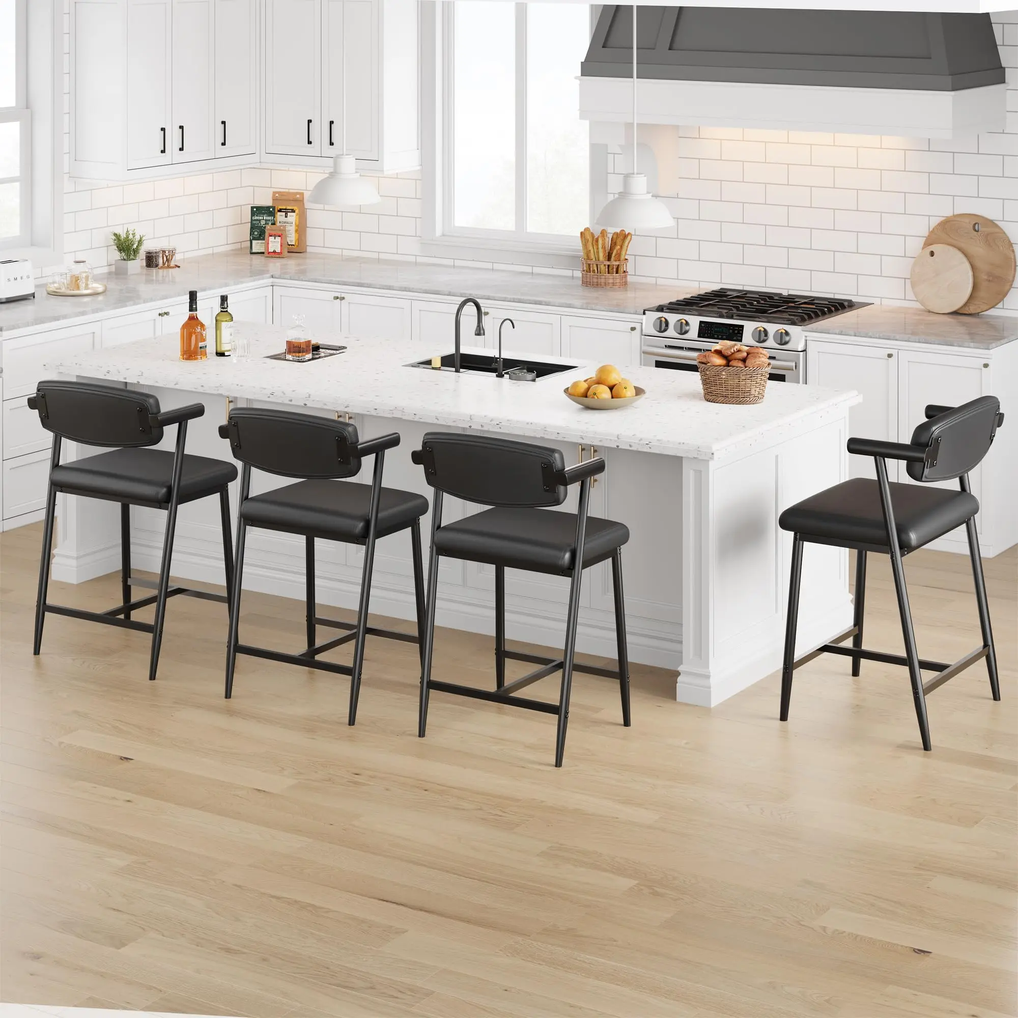 Garvee Set of Bar Stools with Backrest, Armrests, and Footrest Featuring Wide Padded Seats, Metal Frames, and Wooden or PU Leather Accents, Ideal for Kitchen Islands, Counters, and Dining Areas in Rustic Black, Brown, or Industrial Styles