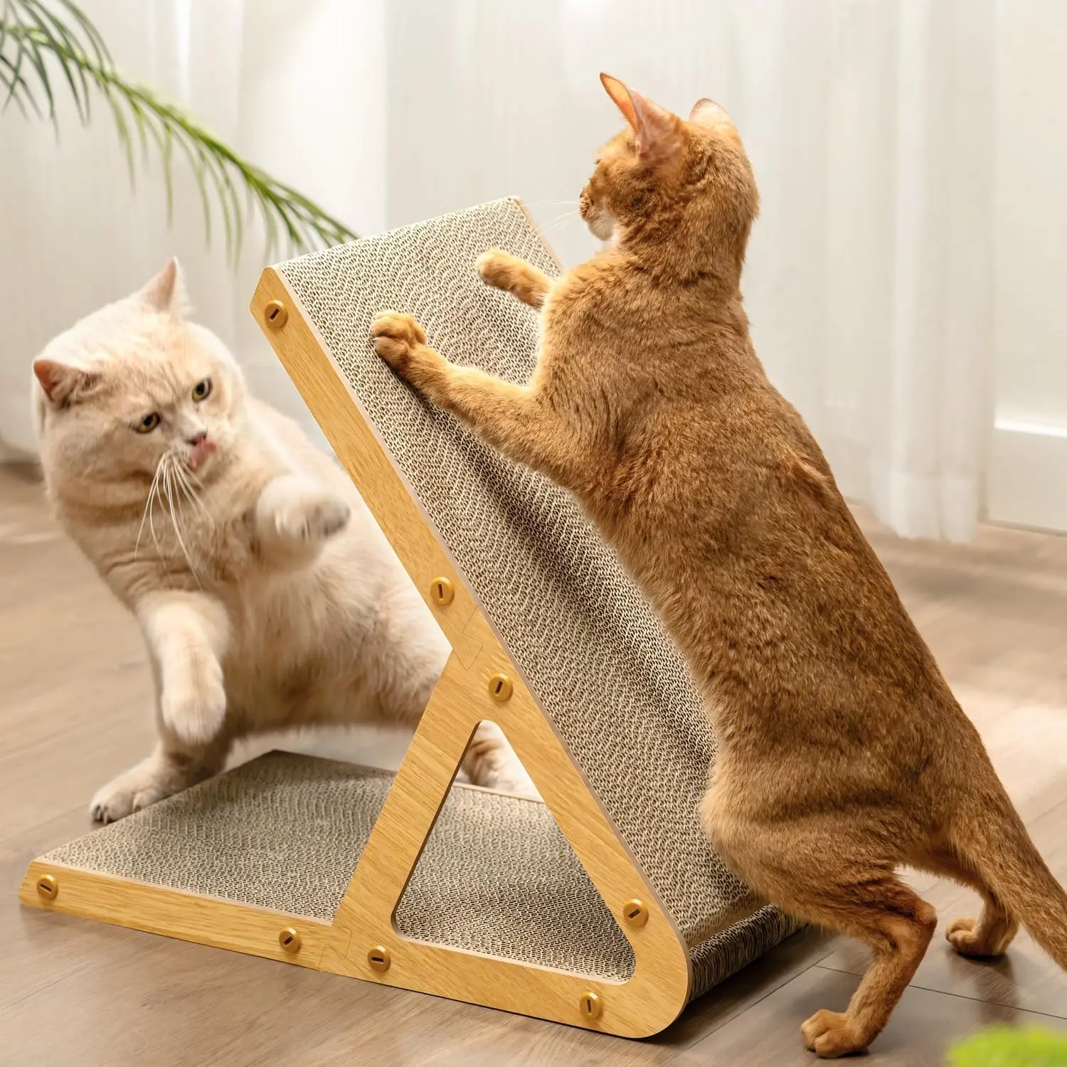 A-Frame Cat Scratching Board, Recycled Cardboard & Wood Frame, Dual-Sided Vertical Horizontal Cat Scratcher for Indoor Kittens, Space-Saving Furniture Protector for Sofa Walls-Light Wood, Small