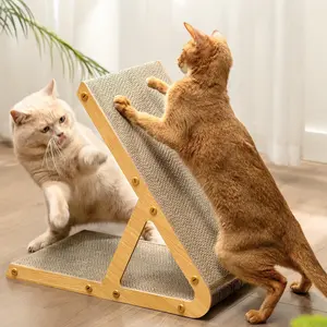A-Frame Cat Scratching Board, Recycled Cardboard & Wood Frame, Dual-Sided Vertical Horizontal Cat Scratcher for Indoor Kittens, Space-Saving Furniture Protector for Sofa Walls-Light Wood, Small