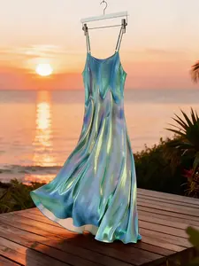 Women's Long Satin V-Neck Halter Dress, Loose Fit Dress, Perfect for Vacation Travel, Ideal for Spring Summer Autumn