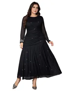 Elegant Sequined Ruched Waist Long Sleeve Formal Evening Dress, Luxurious Lady Style Pleated Midi Skirt, No Decoration