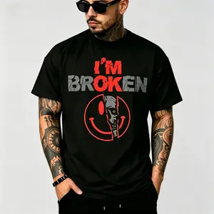 "I'm Ok, I'm Broken" Split Skull Smiley Face Dark Gothic T-Shirt for Men & Women - Vintage Emo Grunge Graphic, Soft Breathable Cotton Crew Neck Short Sleeve, All-Season Summer Spring Casual, Great Dark Vibe Streetwear & Gift, Machine Washable