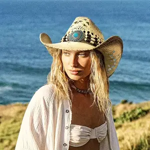 Breathable Western Cowboy Hat for Men and Women - Stylish Woven Straw Sun Hat with Large Curved Brim, Ideal for Beach and Outdoor Travel, Retro Fashion, Casual Sun Hat | Western Style Hat | Ventilated Design, Cowboy Accessories