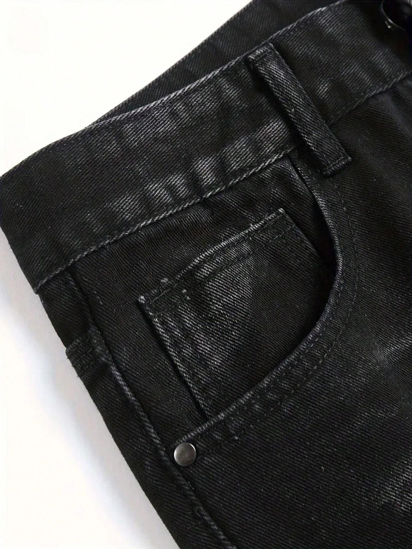 2 Pieces Men's Jeans Black & Camouflage Pattern Fashion Denim Pants Y2k Streetwear Ripped Casual Trouser Pocket Menswear