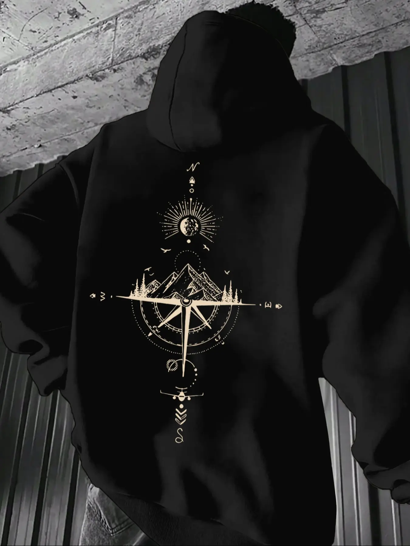 Men's Compass Print Fleece Hoodie, Unisex Casual Versatile Top, Thick Fabric, Fall & Winter Fashion, Fitted Style, Fall Winter Clothes, Graphic Hoodies, Aesthetic Hoodie, Graphic Hoodie Sweatshirt