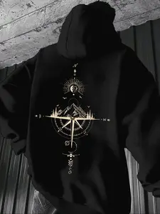 Men's Compass Print Fleece Hoodie, Unisex Casual Versatile Top, Thick Fabric, Fall & Winter Fashion, Fitted Style, Fall Winter Clothes, Graphic Hoodies, Aesthetic Hoodie