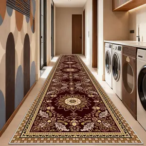 Velvet Wine Vintage Symmetrical Pattern Rug, Soft Comfortable Hallway Entrance Mat, Precision Bound Edges, Suitable for Balcony Kitchen Dining Bathroom