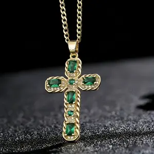 Elegant Green Religious Cross Pendant Necklace with Rhinestones for Women
