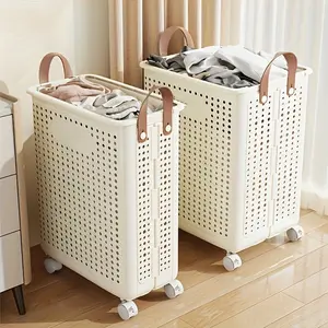 【Summervibes】15.8/20 Gallon Large Capacity Collapsible Laundry Basket with Wheels, Uncovered Style, Made of Faux Leather, Solid Color Design, Multi-functional Foldable and Portable Laundry Basket, Suitable for Bathroom and Balcony Storage