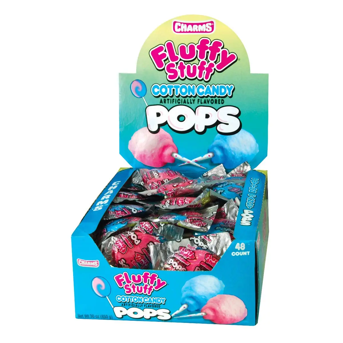 Fluffy Stuff Cotton Candy Pops 48 Count – Pink & Blue Swirl Cotton Candy Flavored Lollipops, Individually Wrapped Sweet Candy Treats, Gluten Free & Peanut Free Bulk Candy for Parties & Events