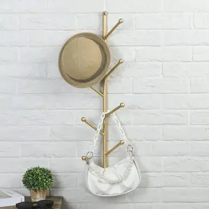 Gold Tone Metal Wall Mounted Hat, Coat, Garment Hanging Rack with 8 Tree Branch Style Hanger Hooks