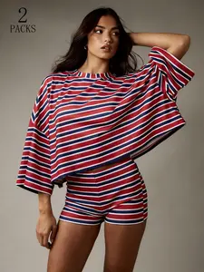 Elegant Vintage Striped Tee Short Set, Fashionable Summer Stripe Comfort Wear, Daily Home Gym Sport Running Casual
