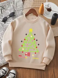 Boys Christmas Maze Tree Print Long Sleeve Sweatshirt, Crew Neck Sweaters, Fitted Casual Fall & Winter Top, Plush Thickened Kids Clothing