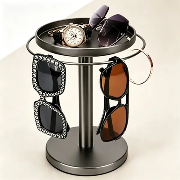 360° Rotating Sunglass Stand, Stainless Steel Glasses Holder with Catch Tray, Reusable Eyewear Storage Organizer for Desk Dresser Tabletop Nightstand, No Assembly Needed, Home Decor Accessory
