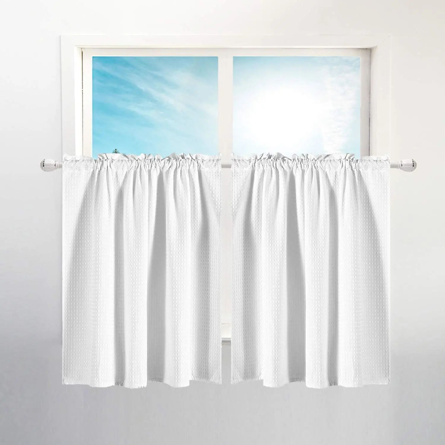 Waffle Weave Half Window Tier Curtains White, 36x36, Set of 2 | Waterproof, 36 inch Short length, Small Bathroom Window Curtains, For Cafe & Kitchen