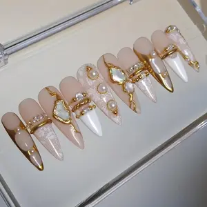 Handmade Vintage Lace Press On Nails | Luxury 3D Gold Chrome & Pearl Jewelry | Elegant Mother of Pearl Bridal Stiletto Fake Nails