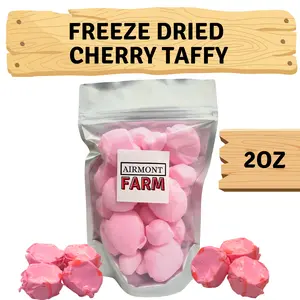Freeze Dried Candy Cherry Salt Water Taffy 2 oz - Cut To Bite Sized Pieces - Ships In Box - Deliciously Crunchy, Intense Flavor, Lightweight Snack