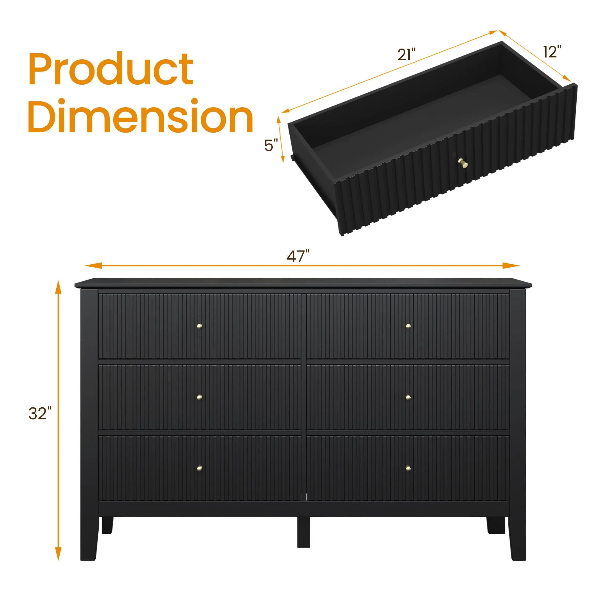 NO Mirror-6 Drawers-Black