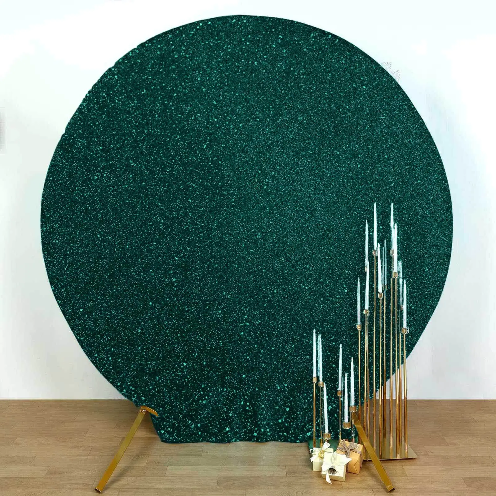 Hunter Emerald Green Metallic Shimmer Tinsel Spandex Backdrop, 2-Sided 7.5ft Round Wedding Arched Backdrop, Party Decoration Supplies