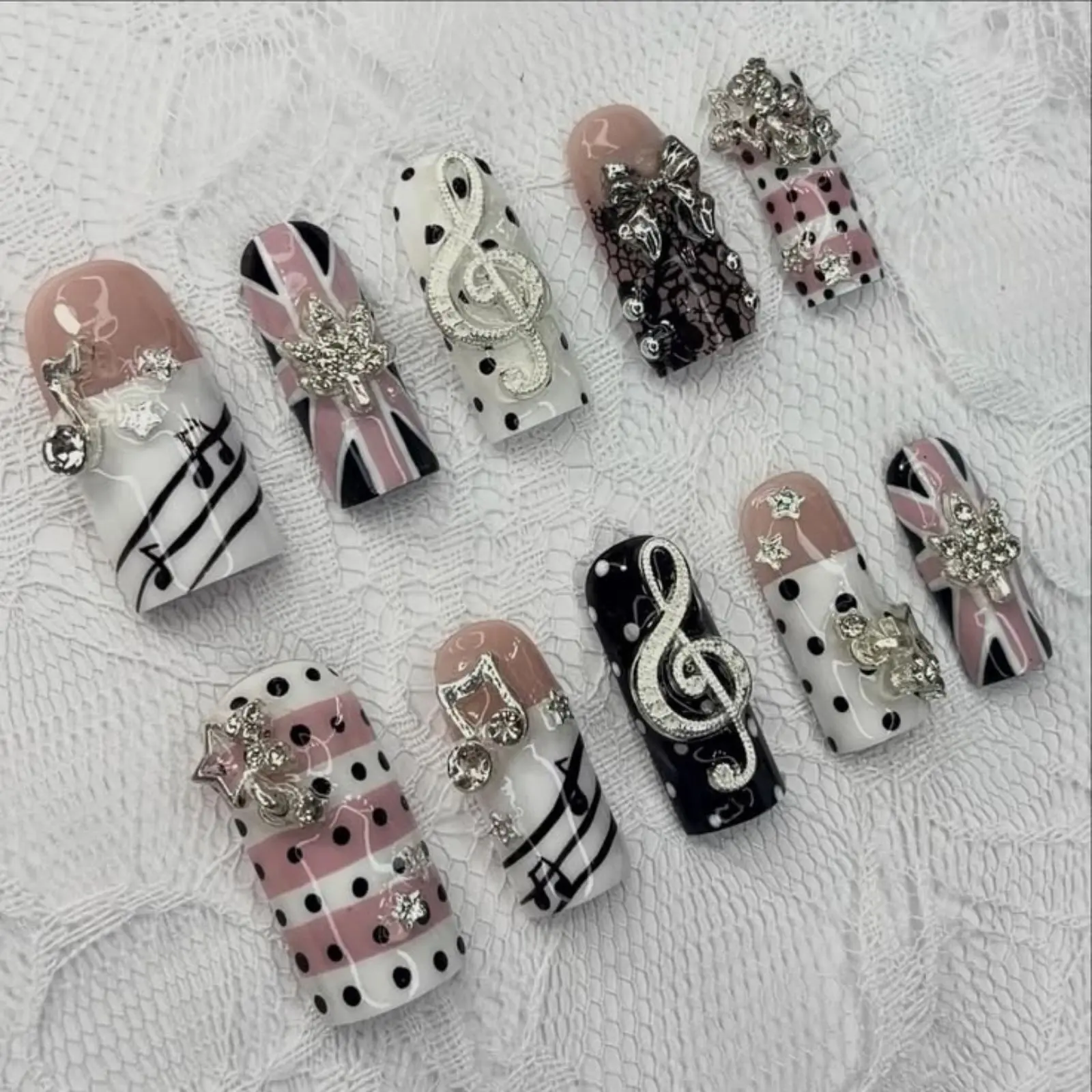 Pink & Black Music Note Press On Nails | Coquette Bow & Polka Dot Nail Art | 3D Rhinestone Charm Nails | Y2K Kawaii Glam Nail Set