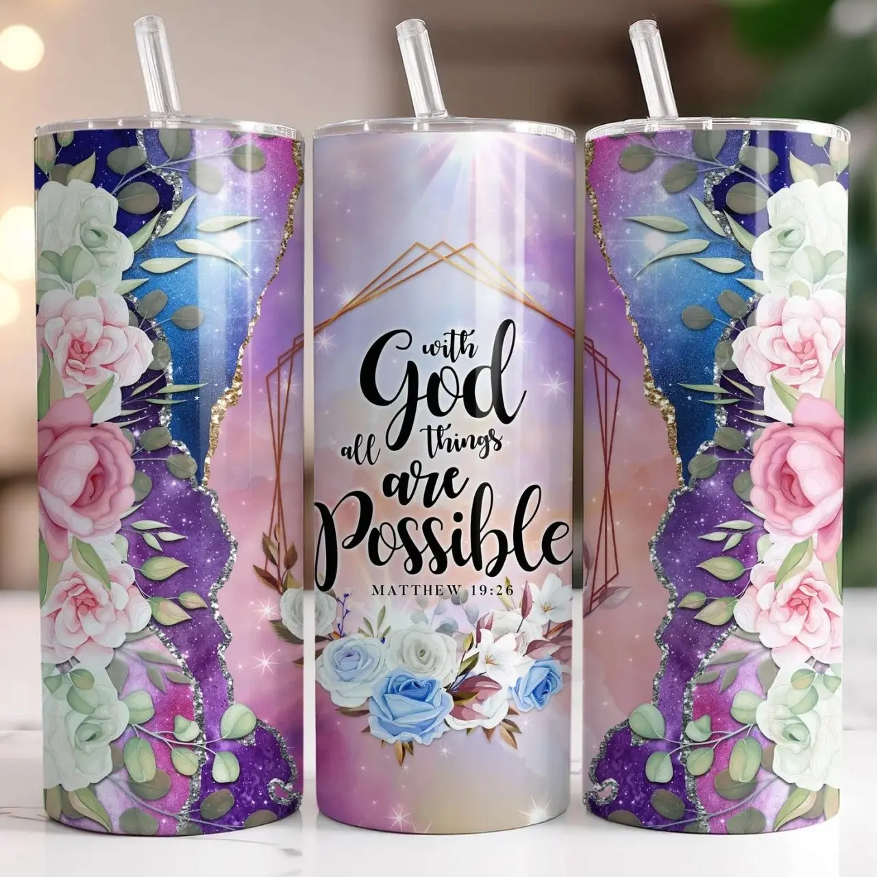 With God Christian Tumbler | Christian Gifts for Her | Galexy Bible Verse Church Cup with Straw | Motivational Christian Mug