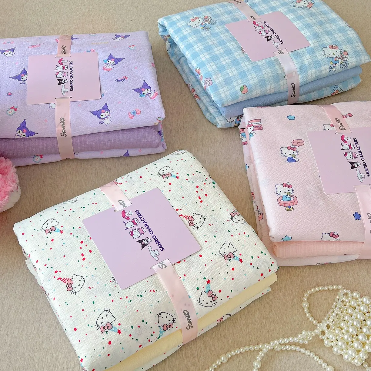 Sanrio Hello Kitty Cartoon Bed Linen Sets: Student 3-Piece/4-Piece Sets – Cloud-Feel Double-Layer Voile Sets