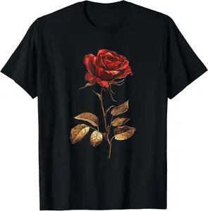 100% Cotton Deep Red Rose Black And Gold Graphic Tees Men Women T-Shirt