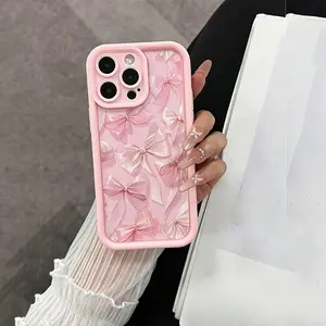 A Cute Bowknot Colorful Brushed Edge Shockproof Chain Spray Paint Pendant Chain Protective Case, a Full-Cover Pink Phone Case and a Pink Butterfly Bracelet, Compatible with iPhone 16 15 13 14 12 11 Pro Max 14 1Soft Shell Full Coverage Protective