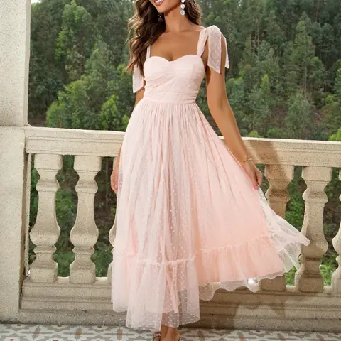 Women's Polka Dot Print Contrast Mesh Ruffle Hem Knot Tie Shoulder A Line Dress, Summer Clothes Women, Cute Elegant Tie Shoulder Fit Long Dress For Vacation Holiday Wedding Guest, Ladies Summer Clothes