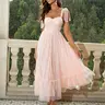 Women's Polka Dot Print Contrast Mesh Ruffle Hem Knot Tie Shoulder A Line Dress, Summer Clothes Women, Cute Elegant Tie Shoulder Fit Long Dress For Vacation Holiday Wedding Guest, Ladies Summer Clothes