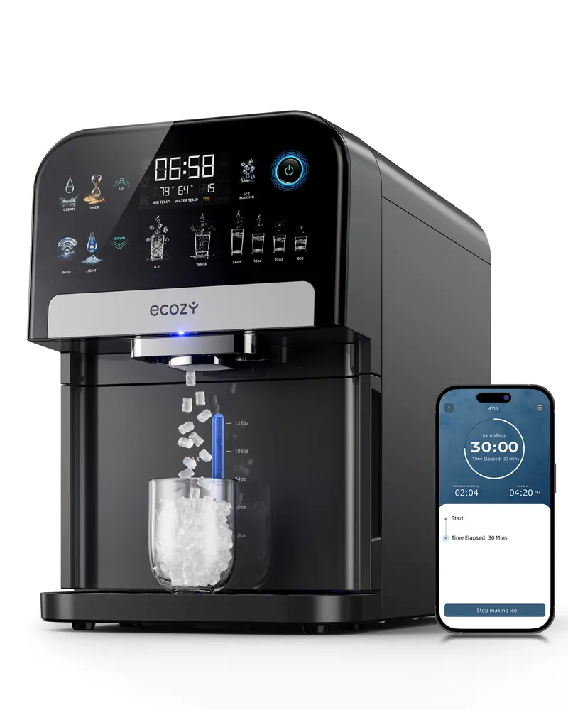 [Upgraded Smart Version] ecozy Nugget Ice Maker Dispenser, Ultra-quiet Smart 2-in-1 Pebble Ice Machine Countertop & Water Dispenser with App Control, Easy Self-Cleaning, Auto Lighting, TDS Monitor, Measured Dispensing, Christmas Gift, Holiday Gift