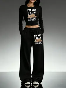 Women's Casual Two-Piece Set, Fitted Long Sleeve Top with Lazy Sloth Print, Loose Comfortable Pants, Perfect for Year-Round Cozy Wear