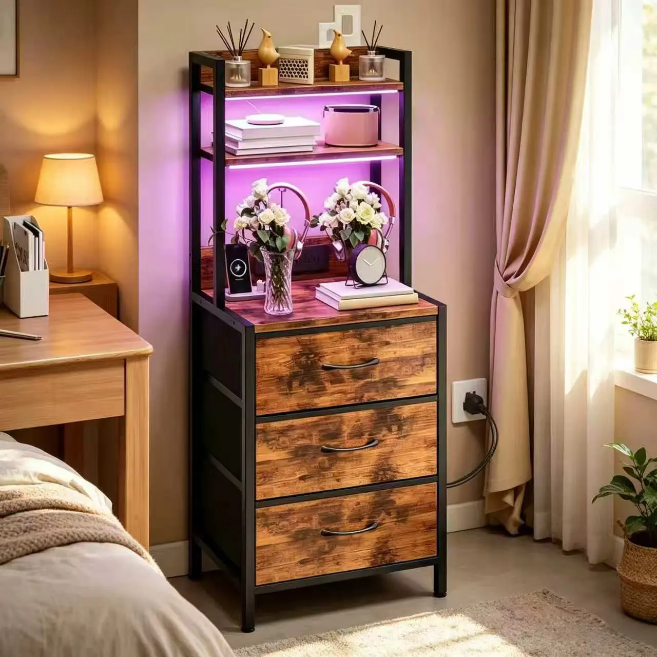 Brown Tall Bedroom Nightstand with LED Light, Charging Station, 3 Fabric Drawers - Home Organizer Storage Rack, Room Decor, Furniture for Bedroom (for Dorm, Office)