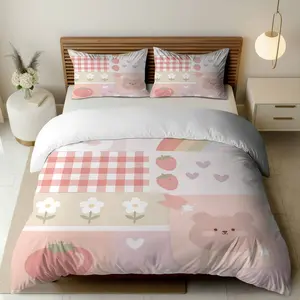 3PCS Duvet Cover Set, 1 Duvet+2 Pillowcases(Without filler), Bear Strawberry Gingham Floral Heart theme, Easter bedding set, Cute Pastel  Pattern Suitable for decoration Bedroom Dorm Room Guest Room Apartment