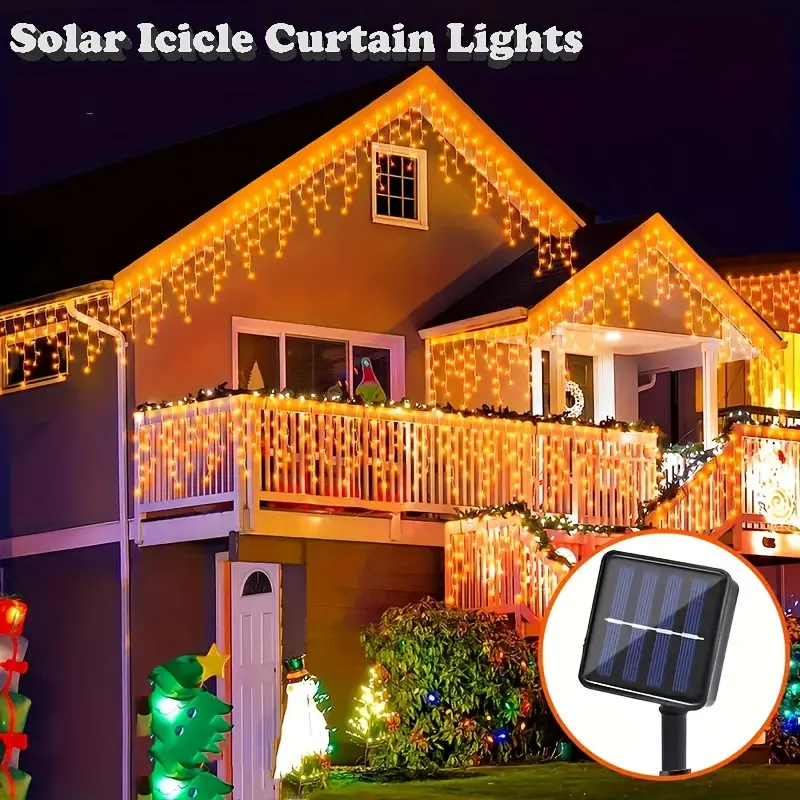 96/162leds Garland LED Curtain Icicle Lights, Festoon Solar Lights Outdoor Droop LED String Lights, Outdoor Garden Street LED Lamp, for Eaves Christmas Decor