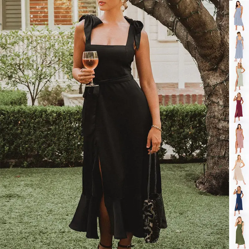 Women's Sleeveless Polyester Simple Formal Dress - Party Fit, Temperament Suspender, Lace-Up, Ruffled, Split Design, Comfortable Summer Beach Wear, Outfit Of The Night, Dresses For Women, Formal Dresses For Women