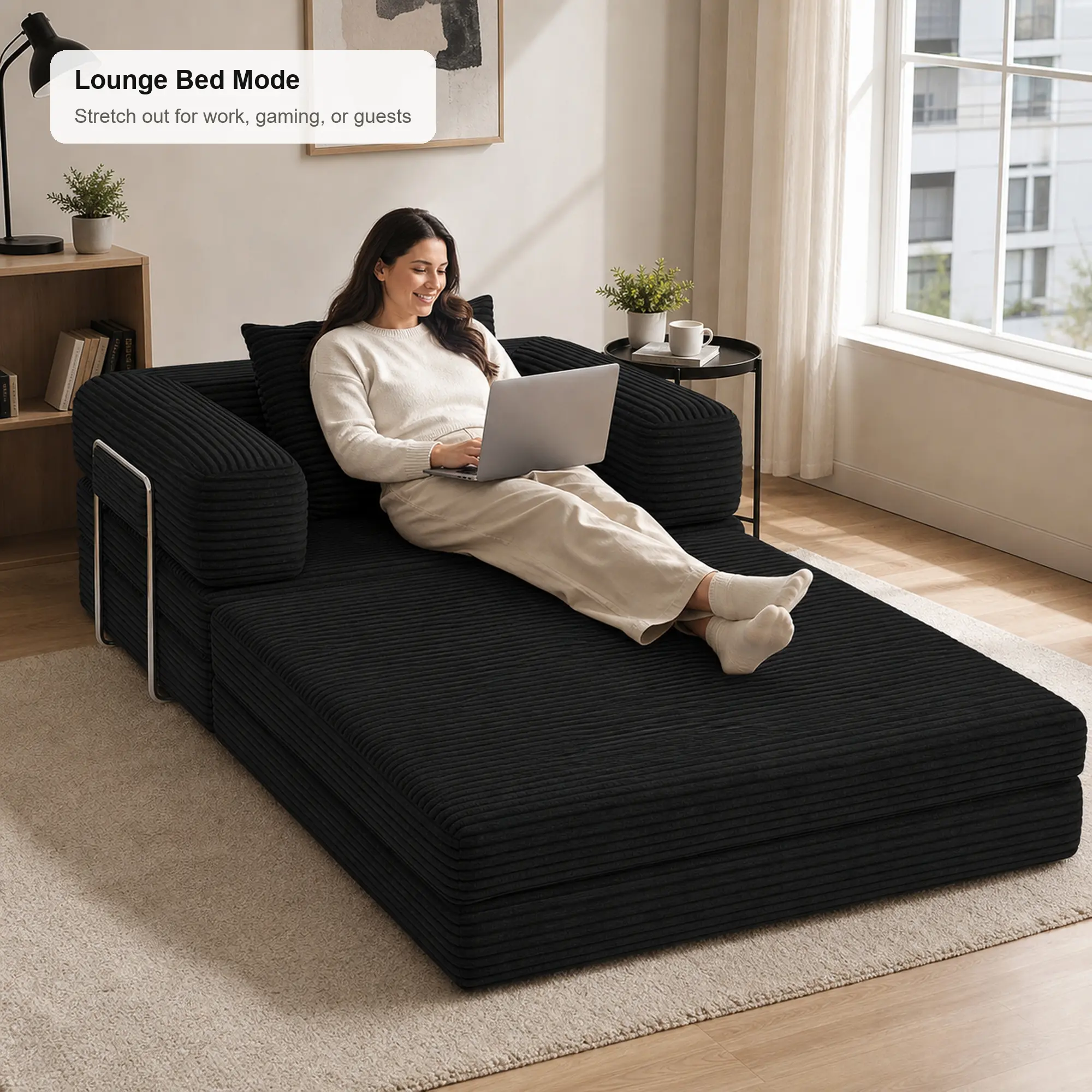 3-in-1 Foldable Sofa Bed Chair, Black Compression Sleeper Chair with Pillow, No Assembly Lounge Bed for Small Spaces