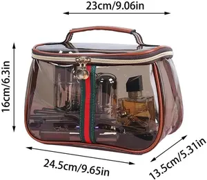 New Retro Vintage Vanity Bag, Capacity Makeup Organizer for Women, Ladies Travle Storage Case, Transparent Toiletry Bag, Portable Skincare Storage Case (Brown)