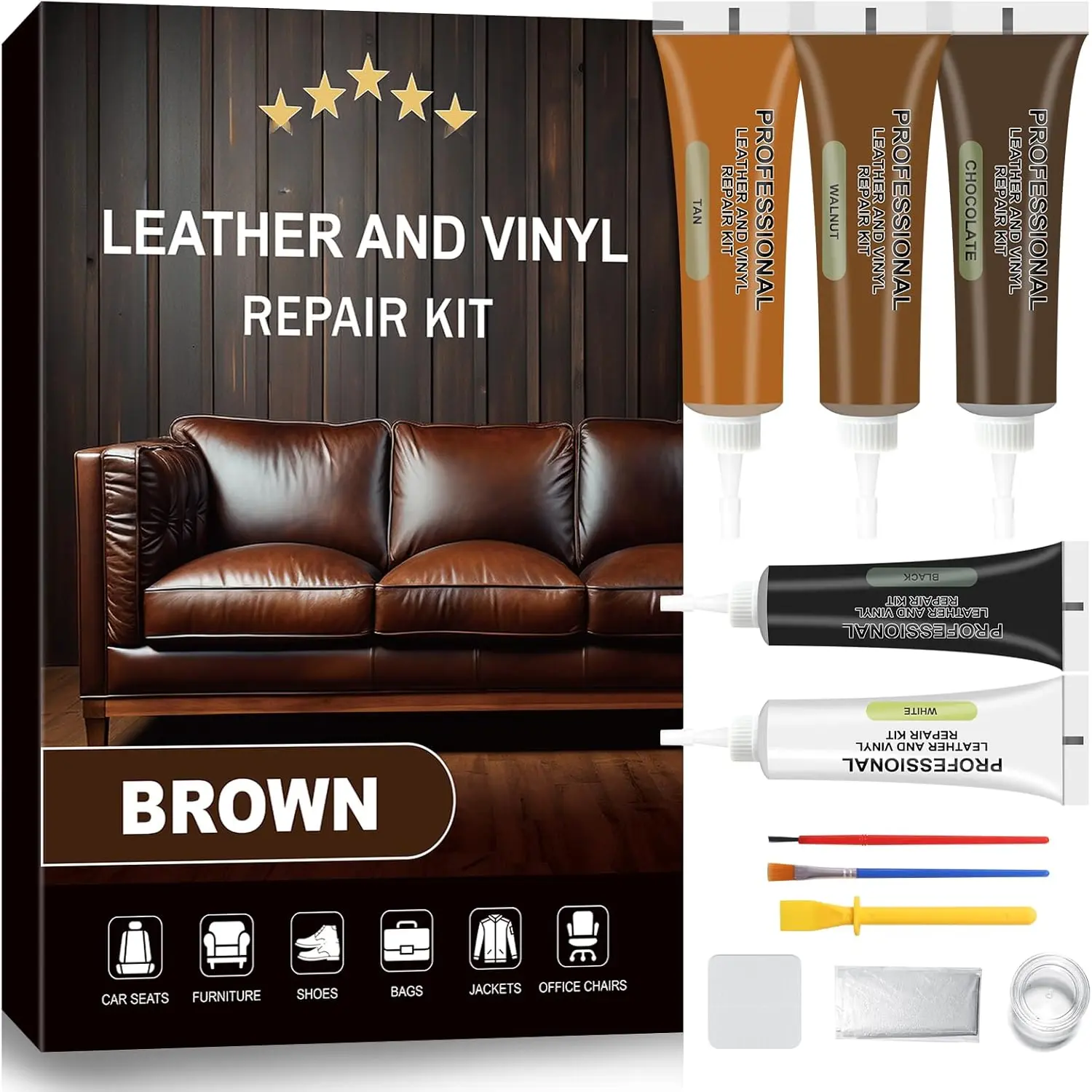 Brown Leather & Vinyl Repair Kit for Furniture, Couches,  Seats, Sofas, Boat Seats, Jackets with Easy Instructions, Repair , Tears, and Holes in Pleather,