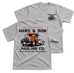 Hawk And Son Hauling Co Semi Truck T-Shirt Trucking Company Graphic Tee With Orange Big Rig Back Print Front Chest Hauling Logo Shirt Trucker Workwear Outfit Freight Driver Apparel Gift for Truckers