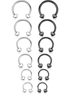 Classic 6 Pairs Black Silvery Open Piercing Jewelry Set 16G Surgical Steel Septum Rings for Women Men Fashionable Nose Septum Horseshoe Hoop Eyebrow Lip Navel Belly Nipple Ring Helix Tragus Daith Rook Captive Piercing Jewelry Set