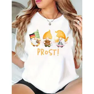 Women's Oktoberfest Gnome Graphic T-Shirt, German Flag Pretzel Beer & Wheat Design, "PROST!" Casual Party Tee 100% Cotton T-shirt