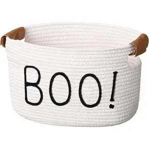 Halloween Boo Basket with Handles, Funny Halloween Cotton Rope Ghost Spooky Basket Gifts Stuffers Storage for Women Her Adults Baby