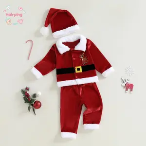 Kid Christmas Santa Velvet Outfit, Reindeer Long Sleeve Collar Coat Elastic Waist Pants and Hat 3 Piece Set, Squishy Toddler Outfits, Personalized Design with Soft Texture