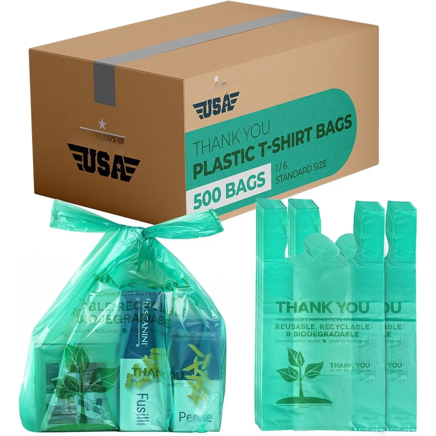 500  Compostable Thank You Plastic Bags - Grocery Shopping Bags with Handles [12" X 6.5" X 22"]  Green Plastic T Shirt Bags for Small Business Restaurant Supplies Retail Store