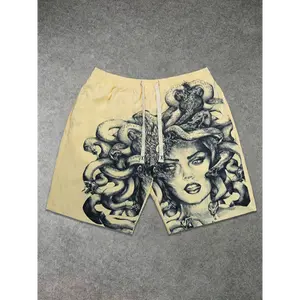 Men's Trendy Casual Print Athletic Shorts - Black Polyester Blend with Artistic Portrait Design, Drawstring Waist, Machine Washable, Comfortable for Attire Menswear Stretch