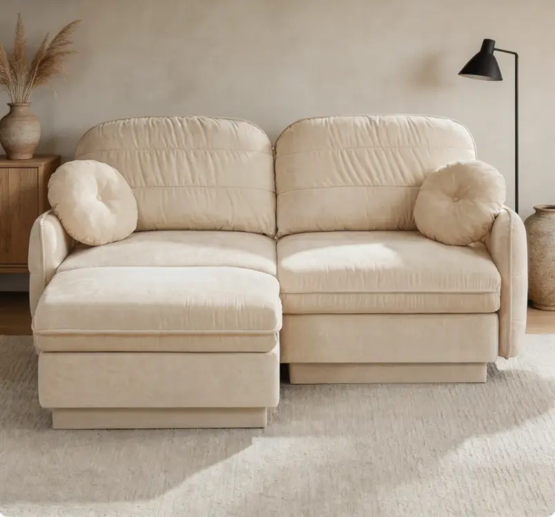 Chenille Cloud L-Shaped Loveseat Sofa with Movable Ottoman, Exquisite Round Pillows & Quilted Back Cushions, Recessed Base Frame Legs, Deep Seat Comfort, Easy Assembly, Modern Cozy Couch for Living Room
