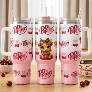 Pepper DP Highland Cow Tumbler 40oz with Handle, Cute Animal Pink Glitter Travel Mug with Straw, Cherry Bow Leopard Bandana Stainless Steel Cup, Soft Girl Western Beverage Merch, Retro Soda Can Est 1885 Holiday Gift for Her, Women